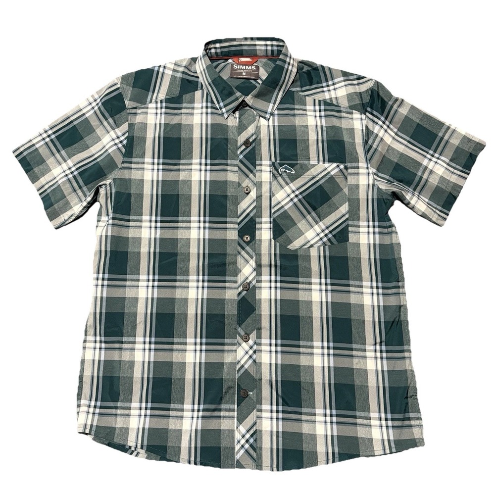 Simms‎ Fishing Shirt Mens M Green White Plaid Button Up Short Sleeve Lightweight